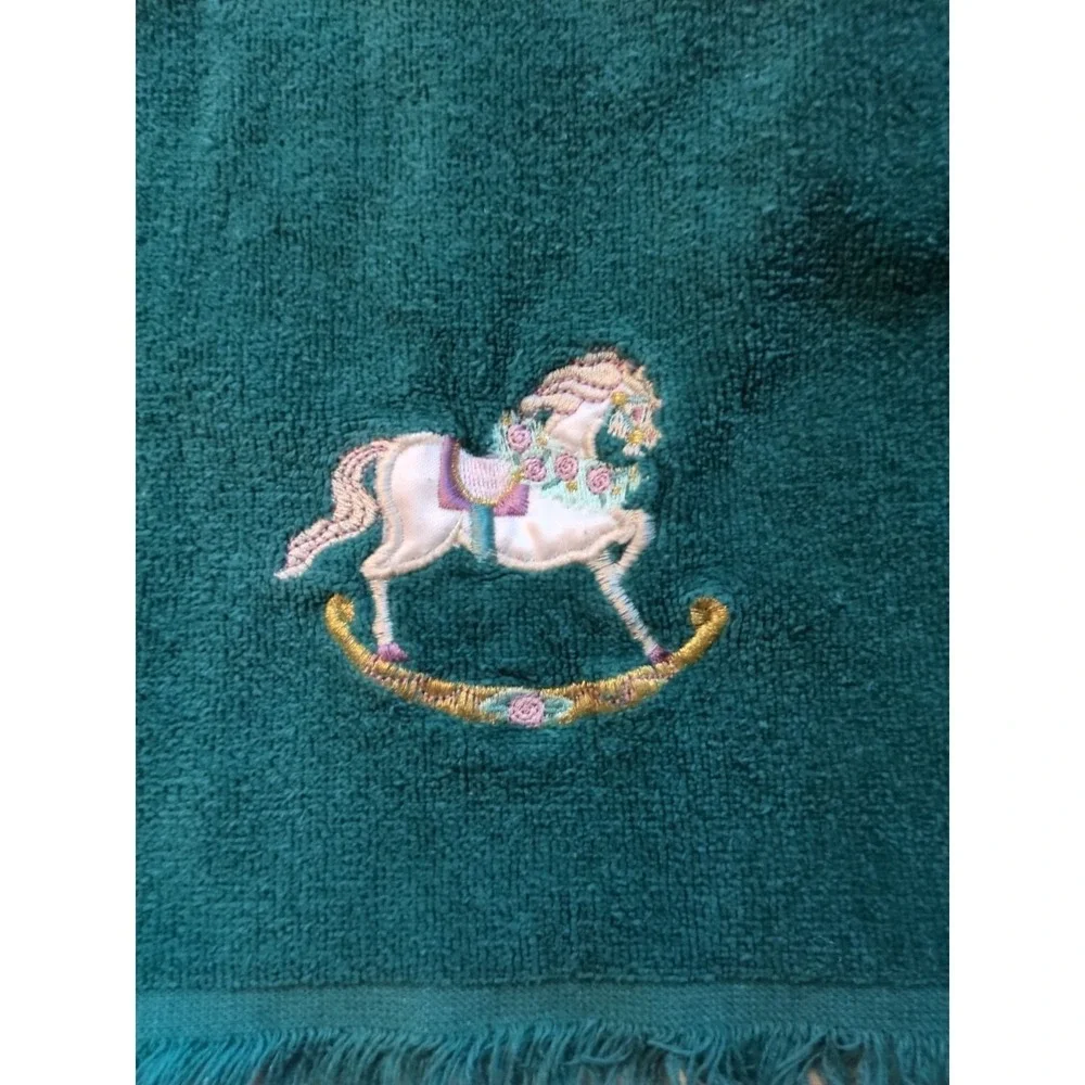 Christmas Green Hand Towel Decorated with Rocking Horse - Picture 2 of 3